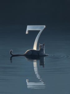 Gato gris recostado sobre el agua junto a un número 7 luminoso y su reflejo en un paisaje azul sereno, representando la introspección y el número de vida.