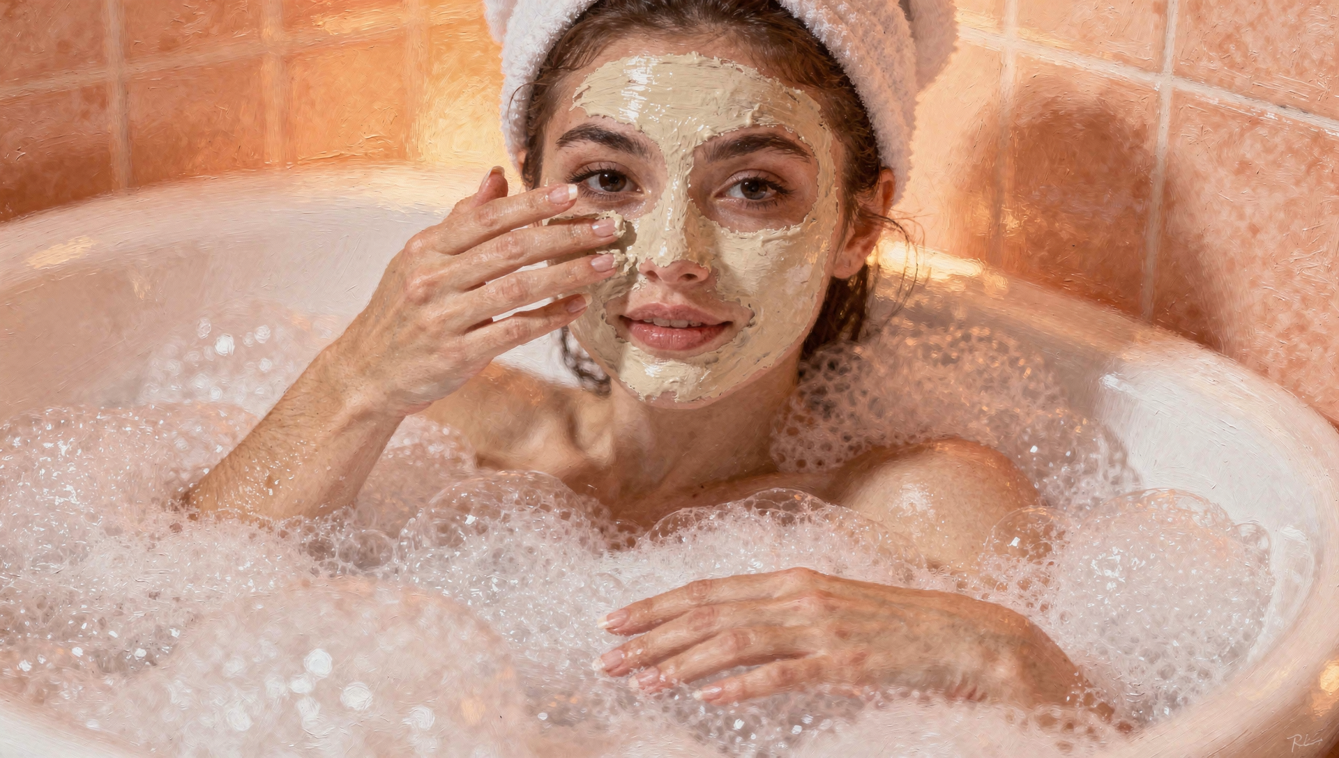 Mujer relajándose en una bañera con una mascarilla facial, representando el autocuidado superficial o momentáneo.