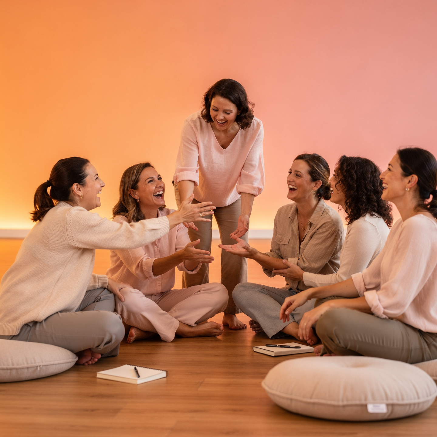 Grupo de mujeres adultas riendo y conectando en un círculo durante una dinámica de juego consciente en un retiro de bienestar.