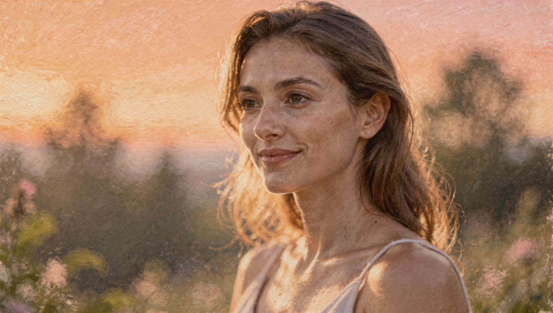 Mujer sentada en paz en la naturaleza bajo una luz dorada, practicando el autocuidado en un retiro de El Eco del Alma.