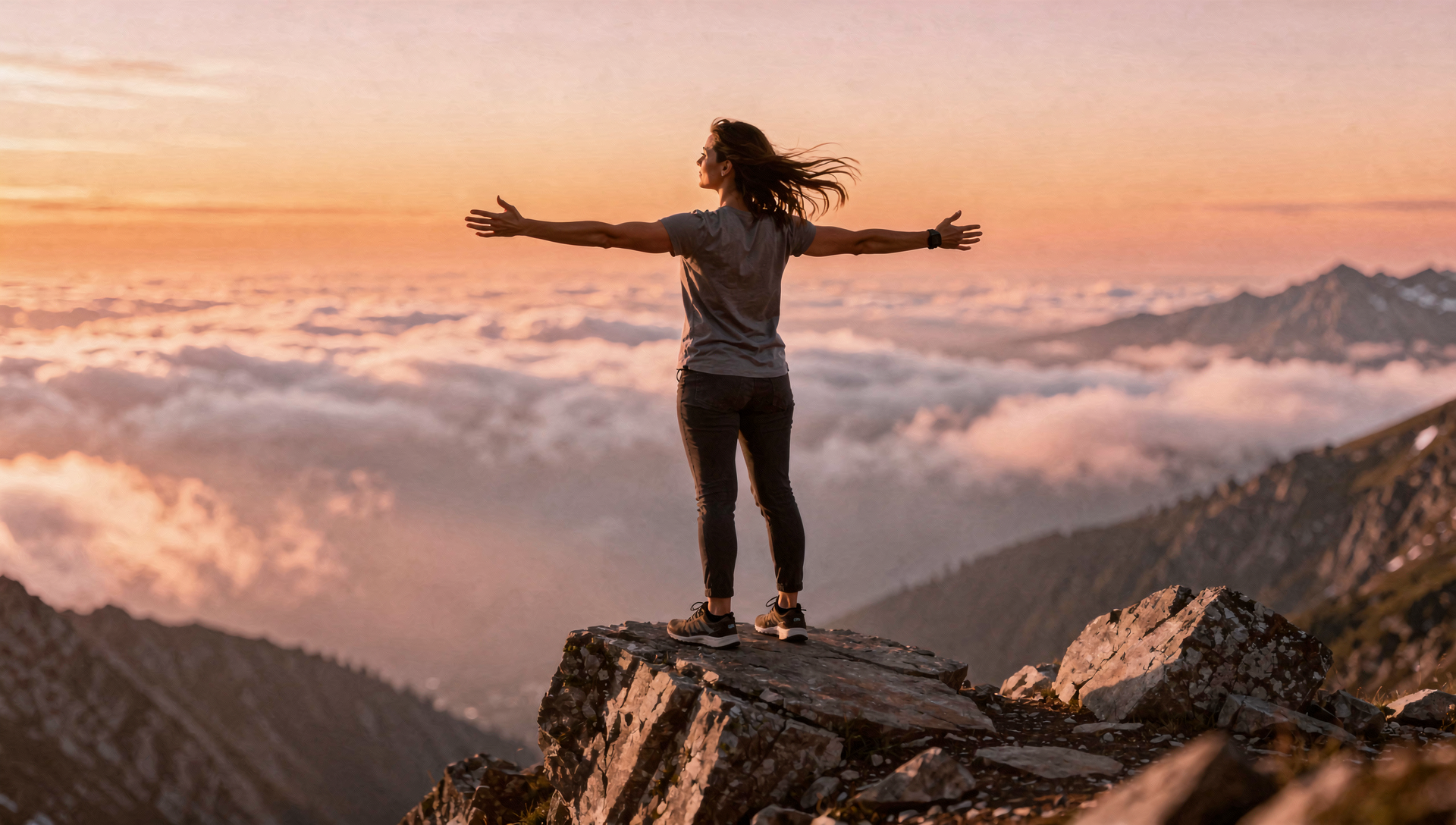 Mujer con los brazos abiertos en la cima de una montaña, simbolizando la liberación emocional y el empoderamiento tras un retiro de bienestar.