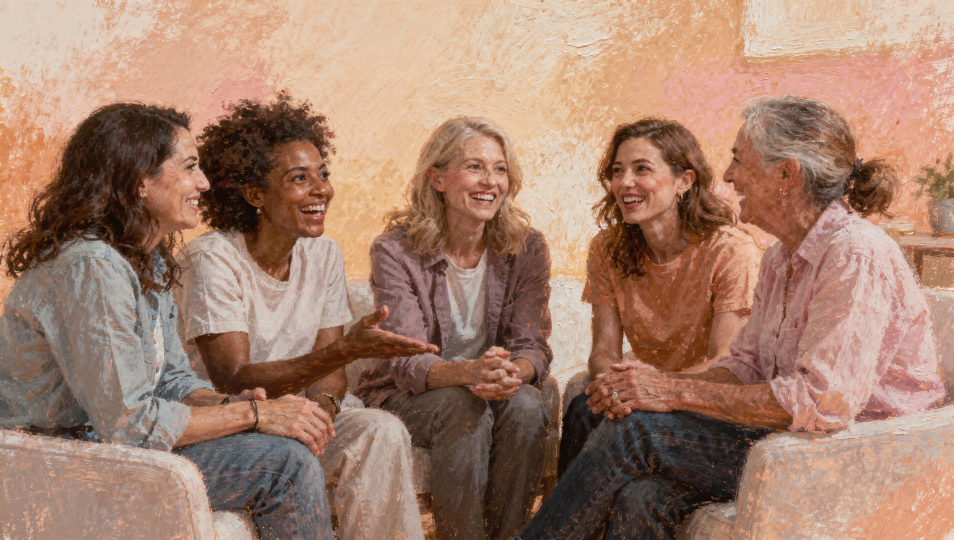Grupo de mujeres conversando de forma cercana y auténtica en un sofá, representando la red de apoyo y conexión en un retiro de bienestar.