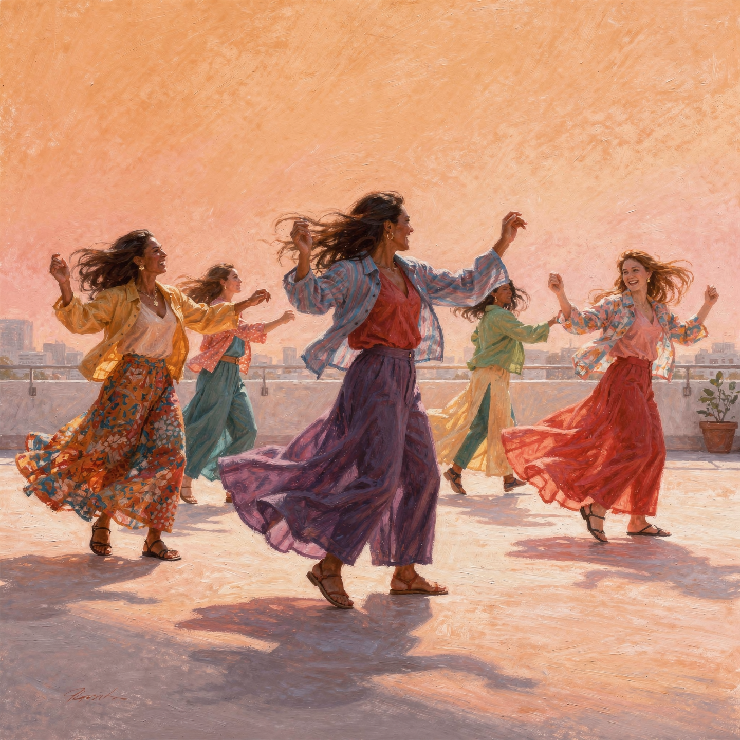 Grupo de mujeres bailando y moviéndose libremente en un espacio natural, expresando alegría y liberación emocional durante un retiro.