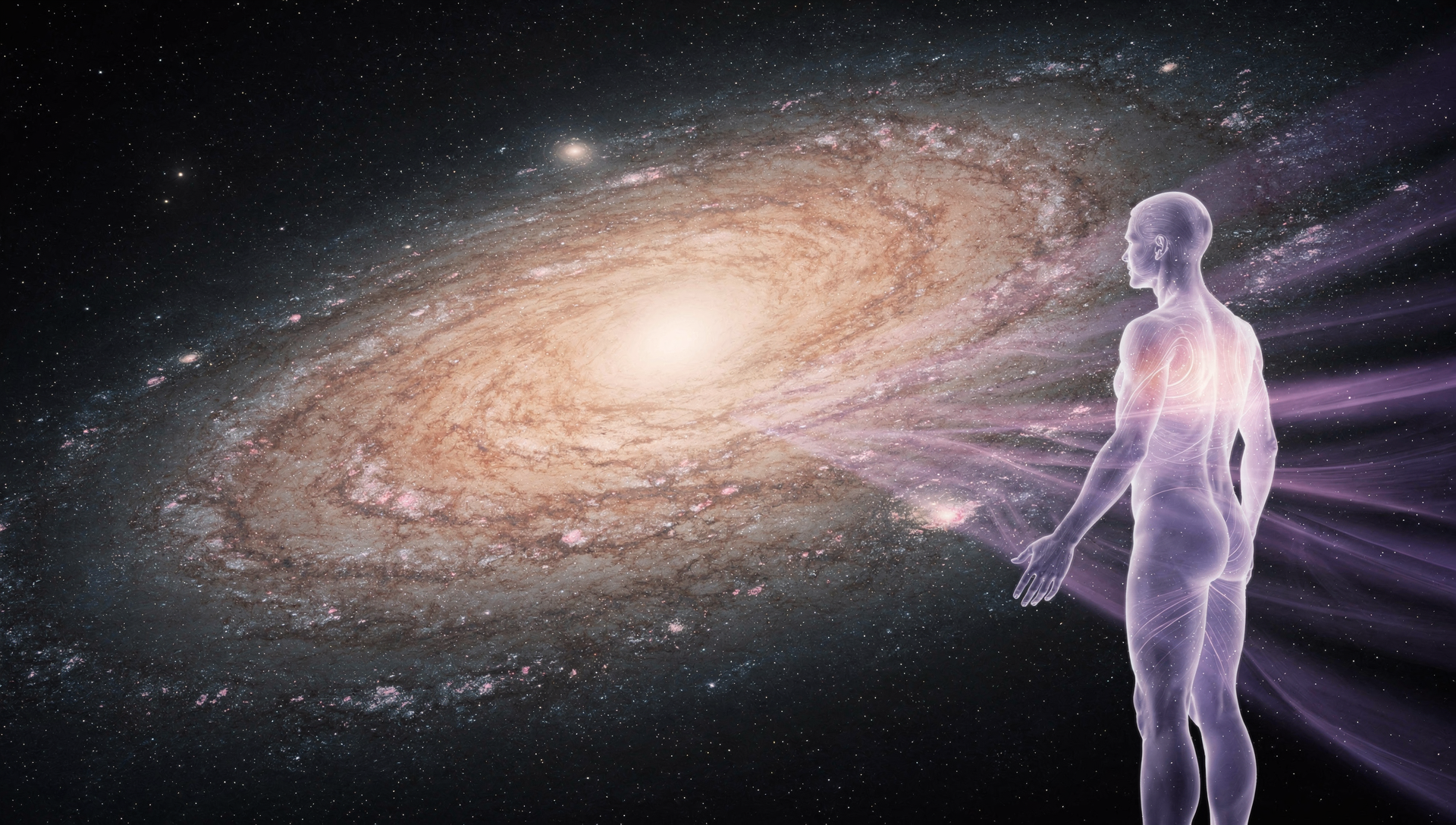 Silueta humana translúcida conectada energéticamente con una galaxia espiral en el espacio profundo, simbolizando la unidad y la co-creación consciente.